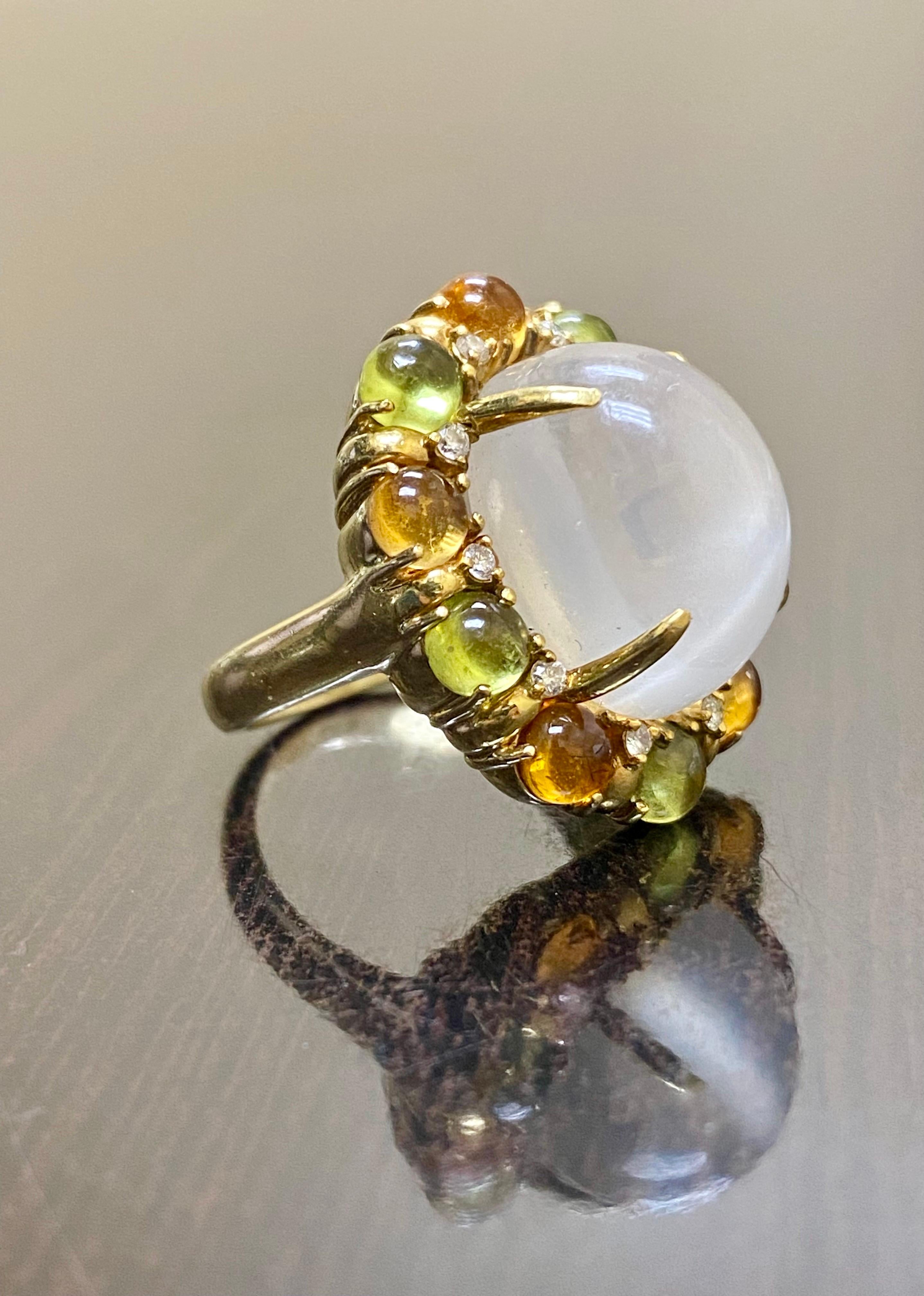 18K Yellow Gold Cabochon Peridot and Citrine Diamond Moonstone Engagement Ring For Sale 4