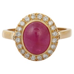 18K Yellow Gold Cabochon Ruby and Diamond Cocktail Ring 