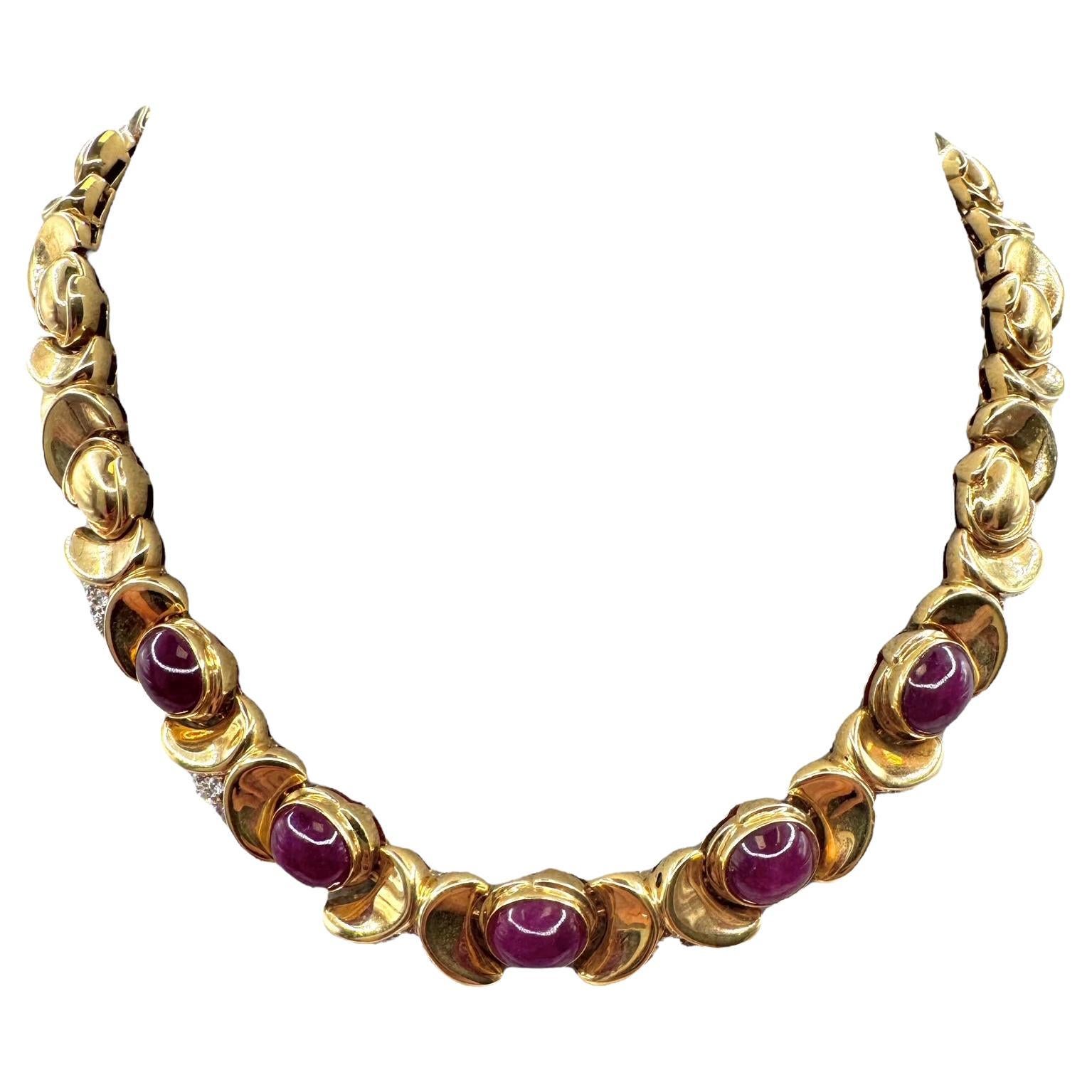 18K Yellow Gold Cabochon Ruby and Diamond Collar Necklace