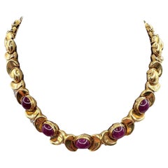 18K Yellow Gold Cabochon Ruby and Diamond Collar Necklace