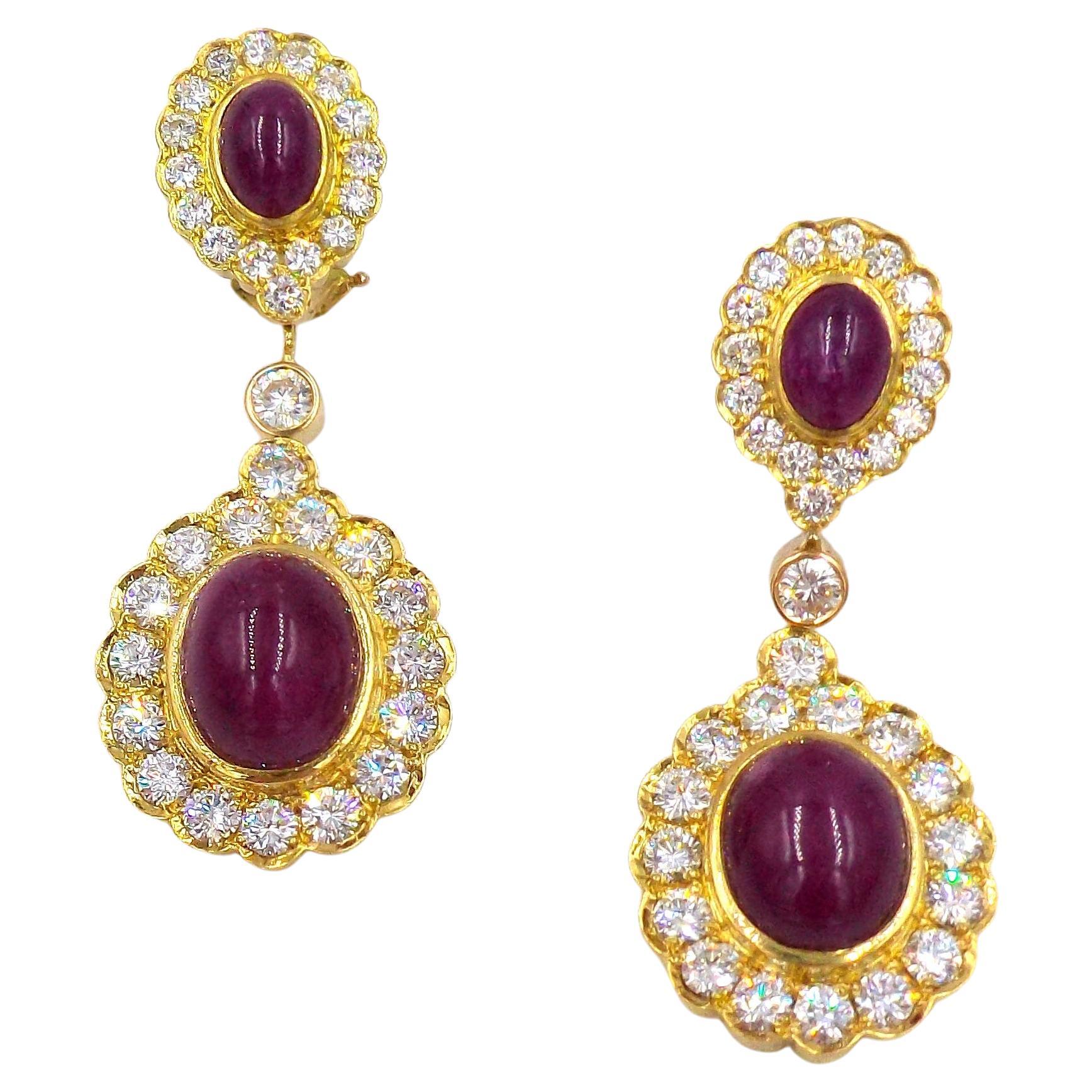 18K Yellow Gold Cabochon Ruby Diamond Pendant Earrings For Sale