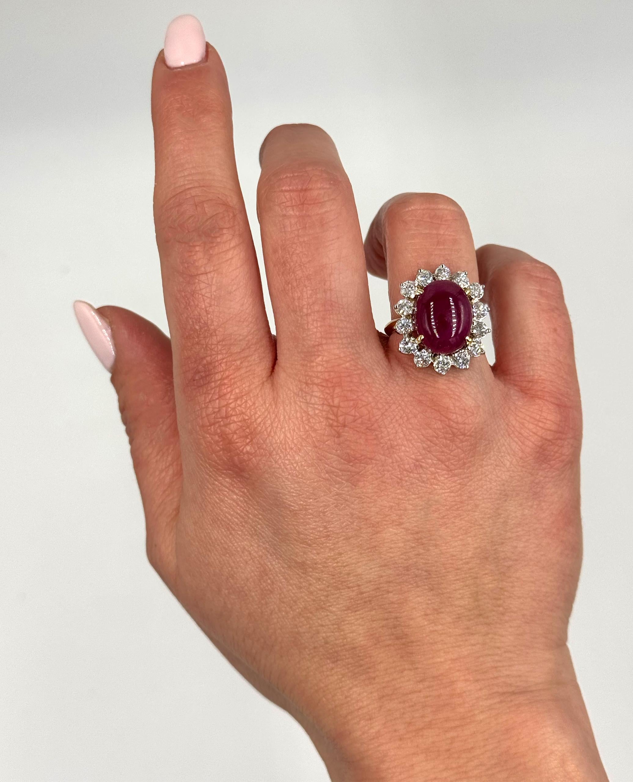 Mixed Cut Starburst 18K Yellow Gold Ring, Prong Set Oval Cabochon Ruby & Round Diamonds For Sale