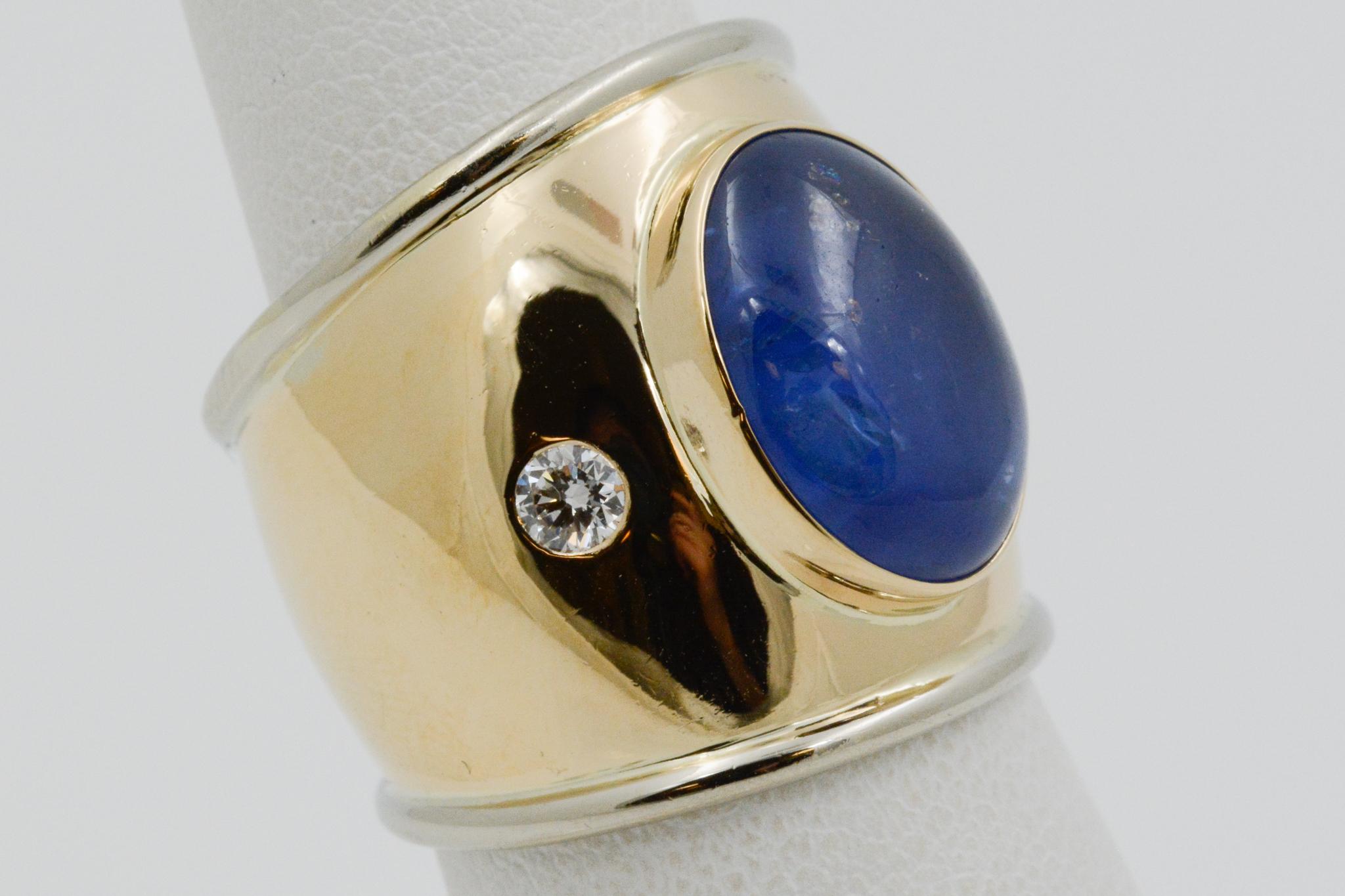 Round Cut 18 Karat Yellow Gold Cabochon Sapphire and Diamond Ring