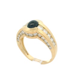18k Yellow Gold Cabochon Sapphire & Diamond Channel Very Nice Quality Ring