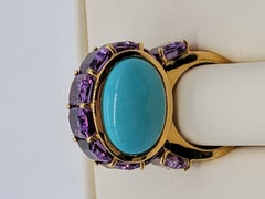18 Karat Yellow Gold Cabochon Turquoise and Emerald Cut Amethyst Ring