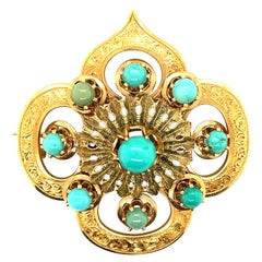 18K Yellow Gold Cabochon Turquoise Brooch