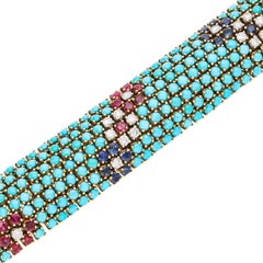 18K Yellow Gold Cabochon Turquoise, Ruby, Sapphire and Diamond Bracelet