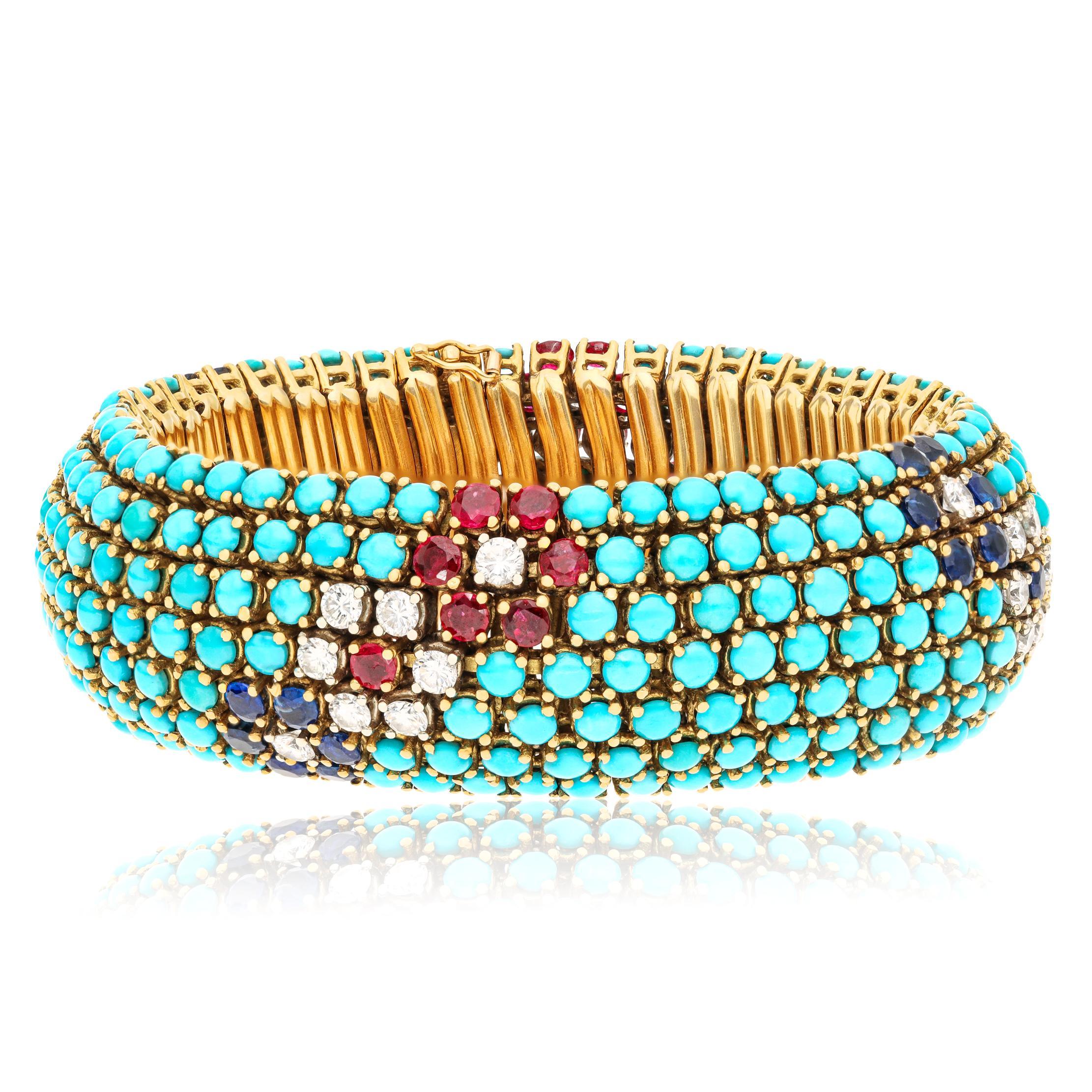 Balogh 18K Gold 14.0ct Ruby, Sapphire, and Turquoise Cabochon Bracelet ...