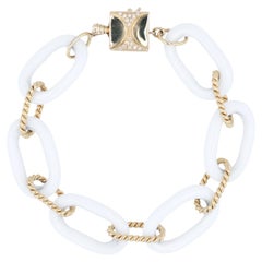 18K Yellow Gold Cacholong Opal Cable Link Bracelet with Diamonds