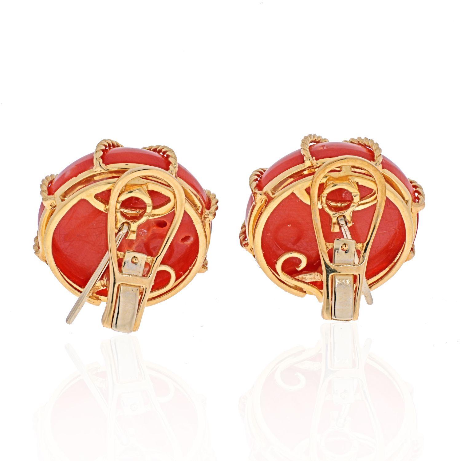 These bright round button coral earrings are 