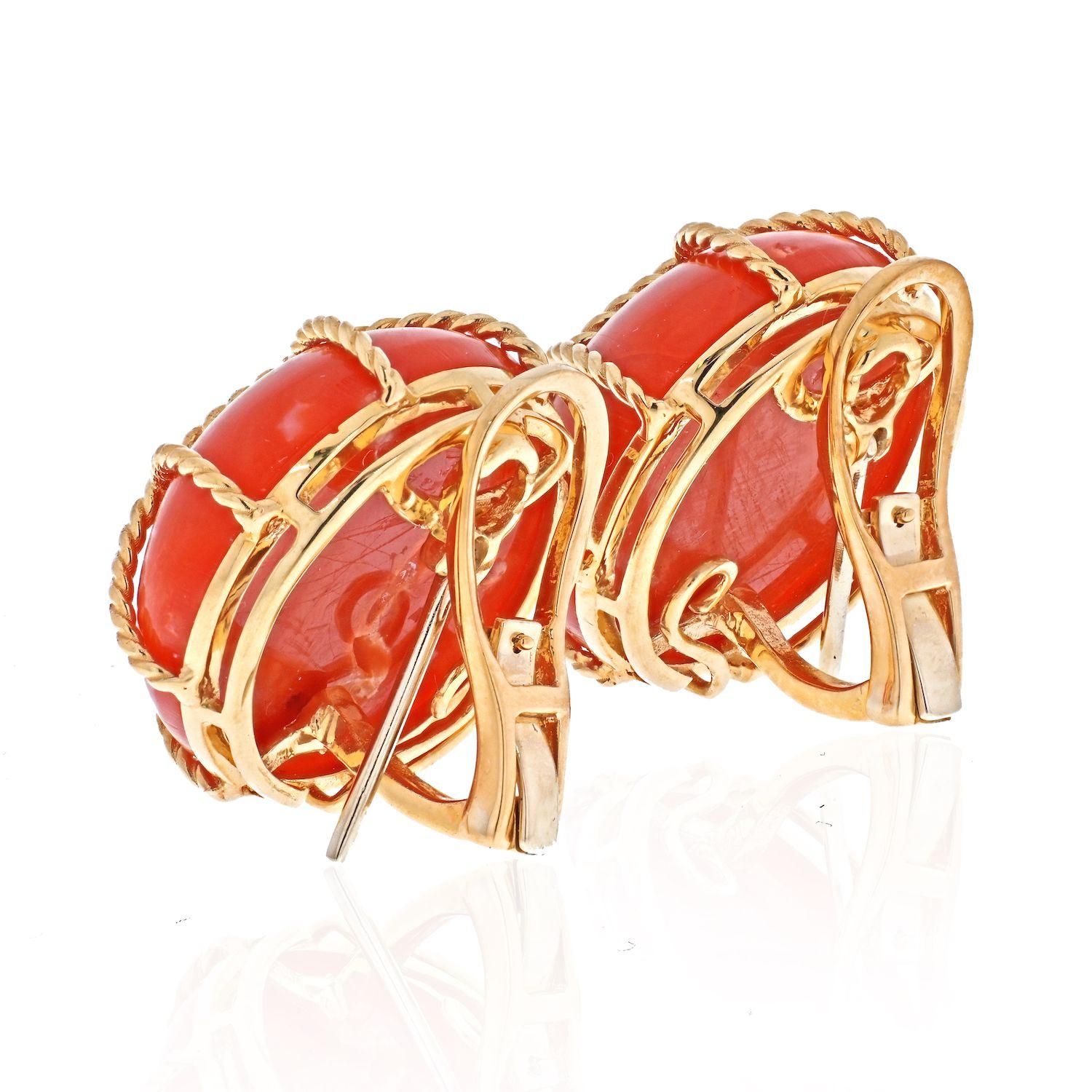 Modern 18K Yellow Gold Caged Coral Clip On Round Button Earrings For Sale