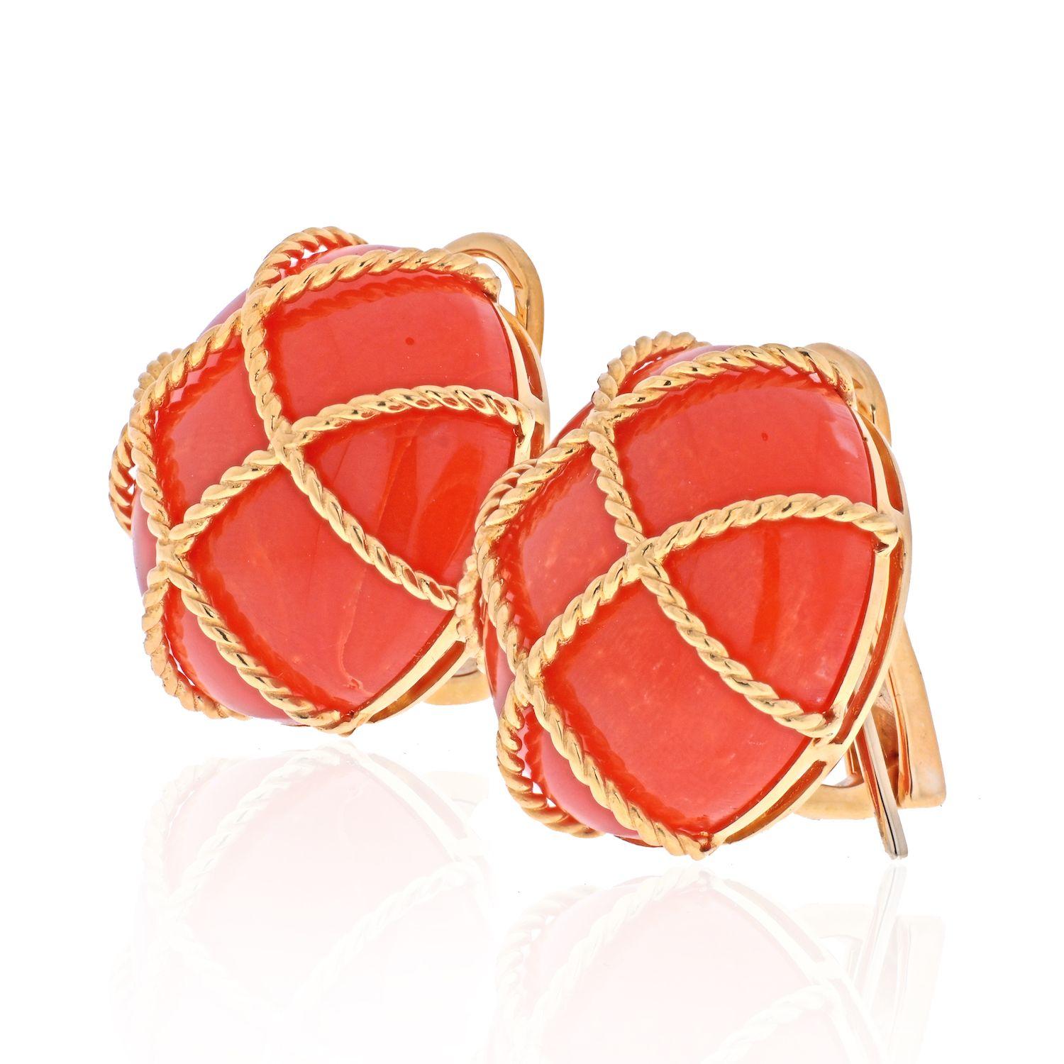 Round Cut 18K Yellow Gold Caged Coral Clip On Round Button Earrings For Sale