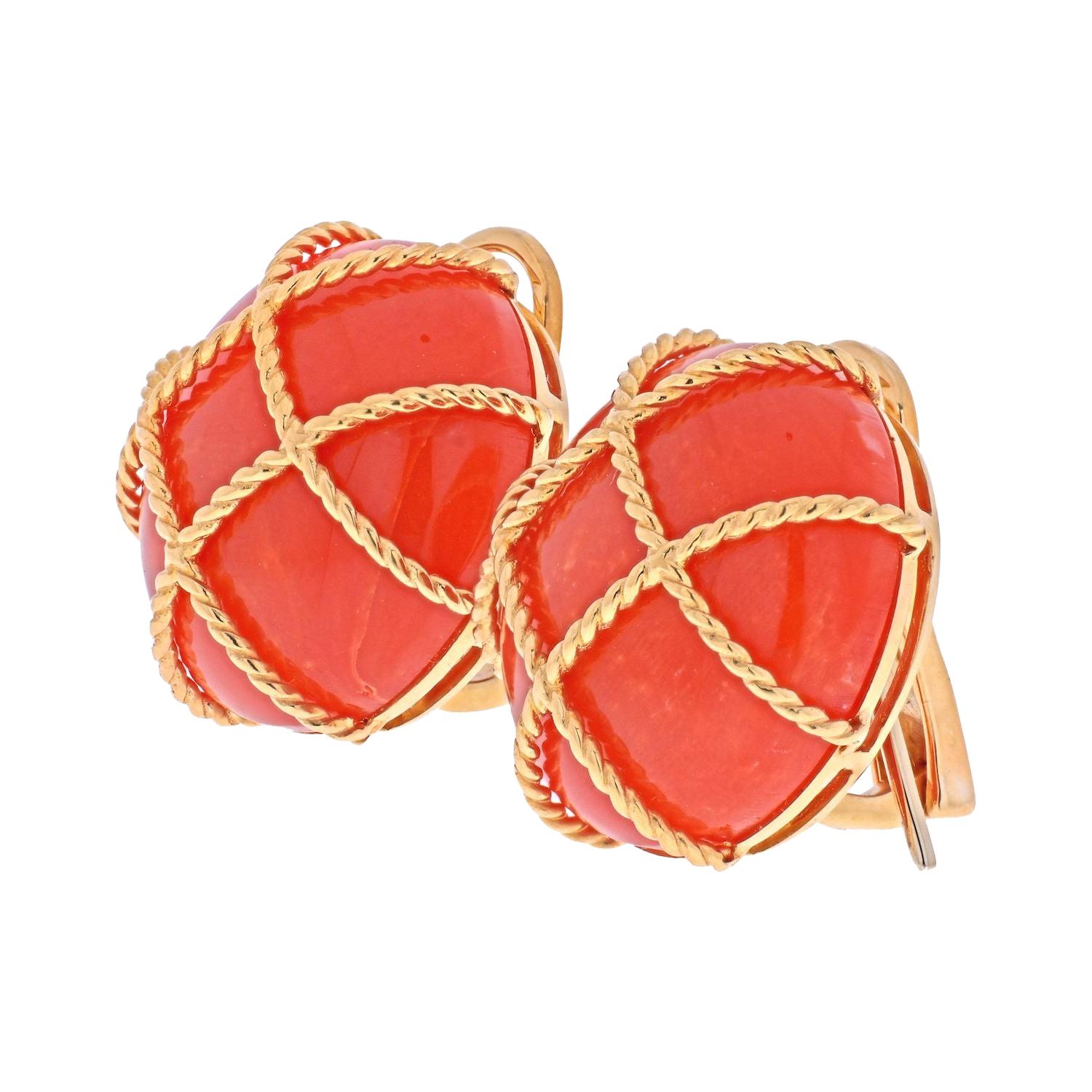 18K Yellow Gold Caged Coral Clip On Round Button Earrings For Sale
