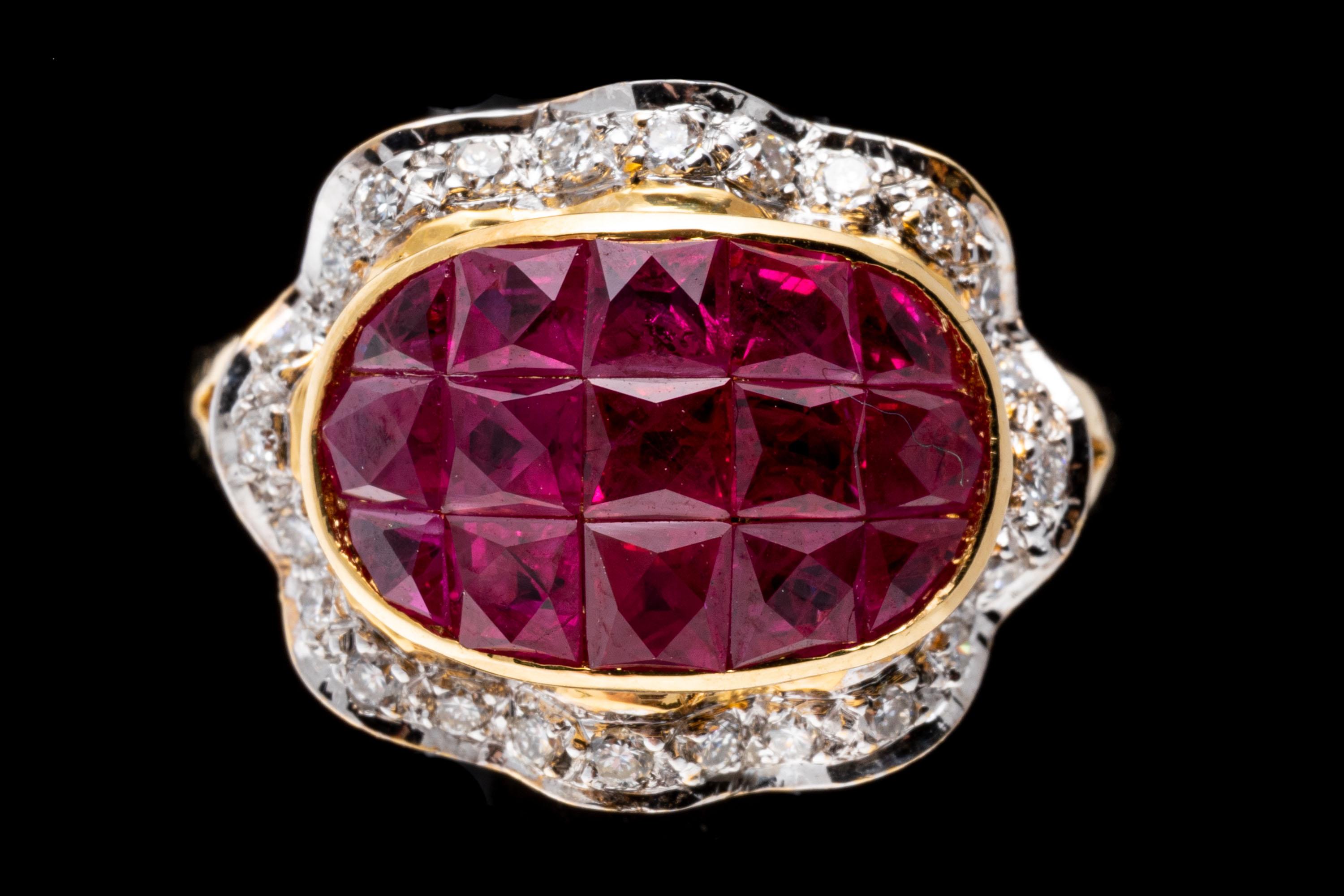 18k yellow gold ring. This pretty ring has an oval center made up of three rows of square calibre cut, medium pinkish red color rubies, approximately 1.95 TCW. Framing the rubies is a ruffled border, set with round faceted diamonds, approximately