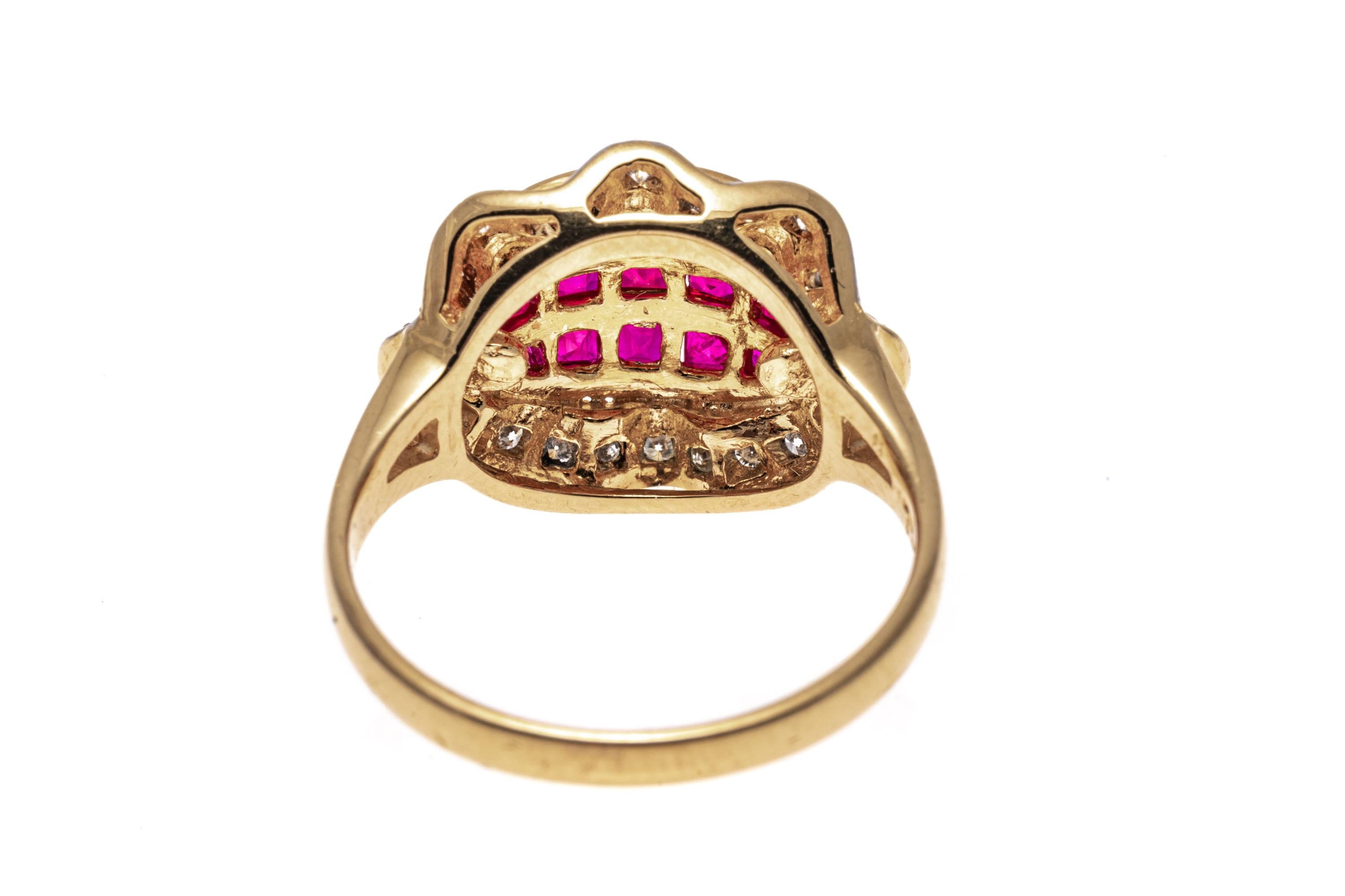 Modern 18k Yellow Gold Calibre Cut Ruby Ring With Ruffled Diamond Border, Size 7 For Sale