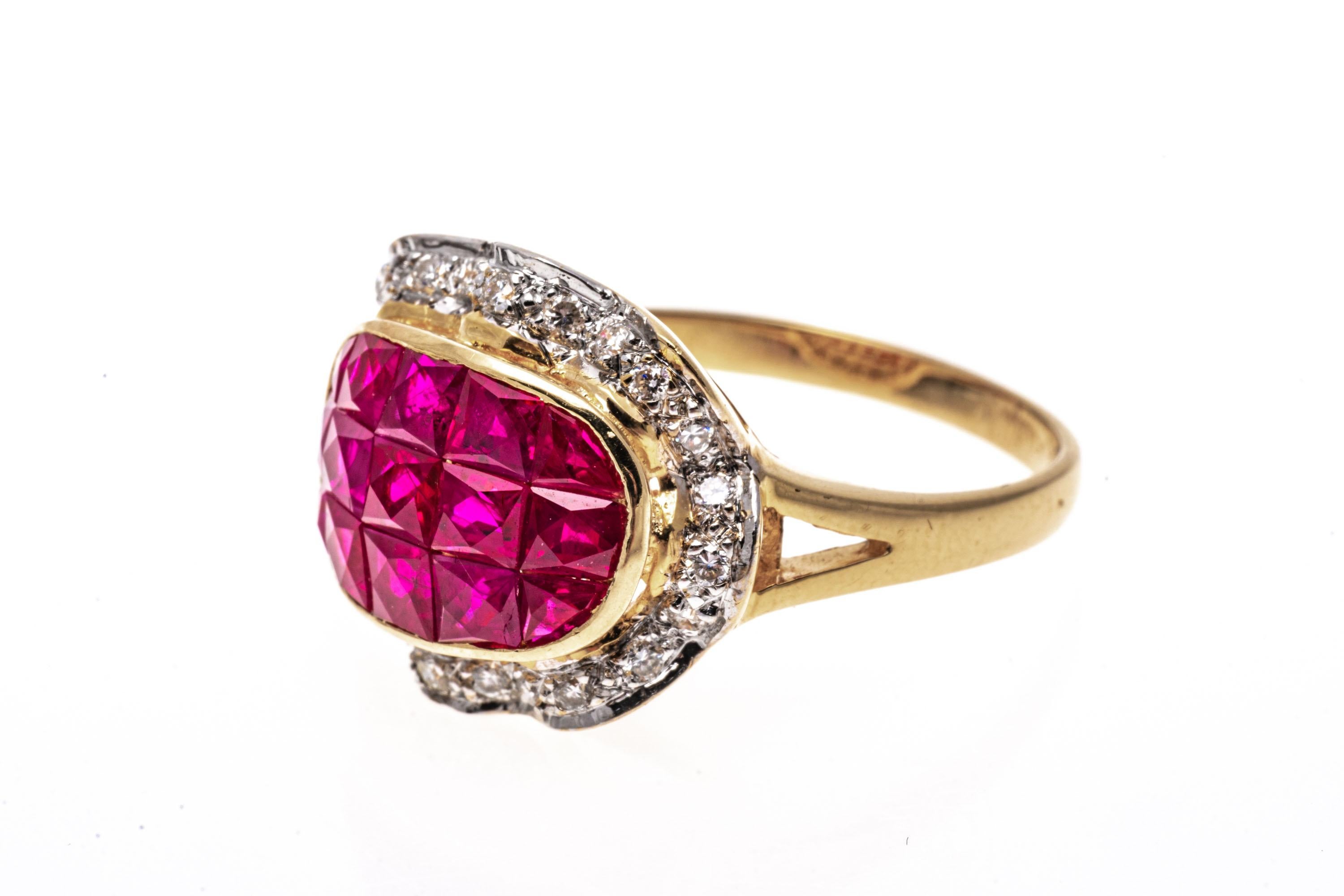 Women's 18k Yellow Gold Calibre Cut Ruby Ring With Ruffled Diamond Border, Size 7 For Sale