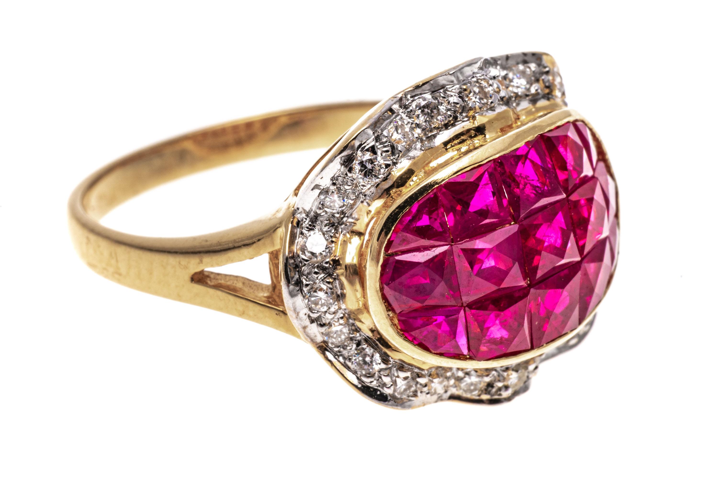 18k Yellow Gold Calibre Cut Ruby Ring With Ruffled Diamond Border, Size 7 For Sale 1
