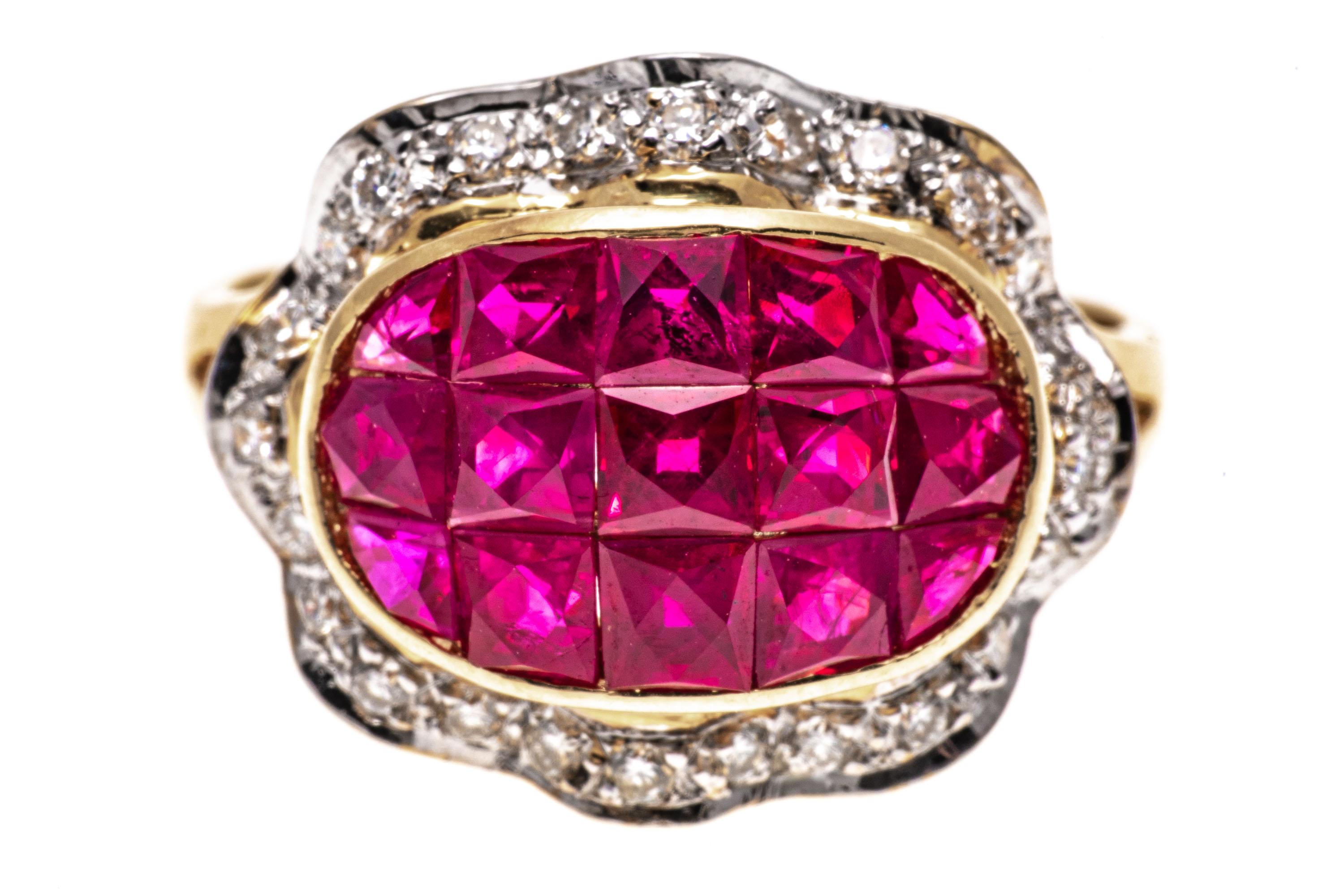 18k Yellow Gold Calibre Cut Ruby Ring With Ruffled Diamond Border, Size 7 For Sale 2