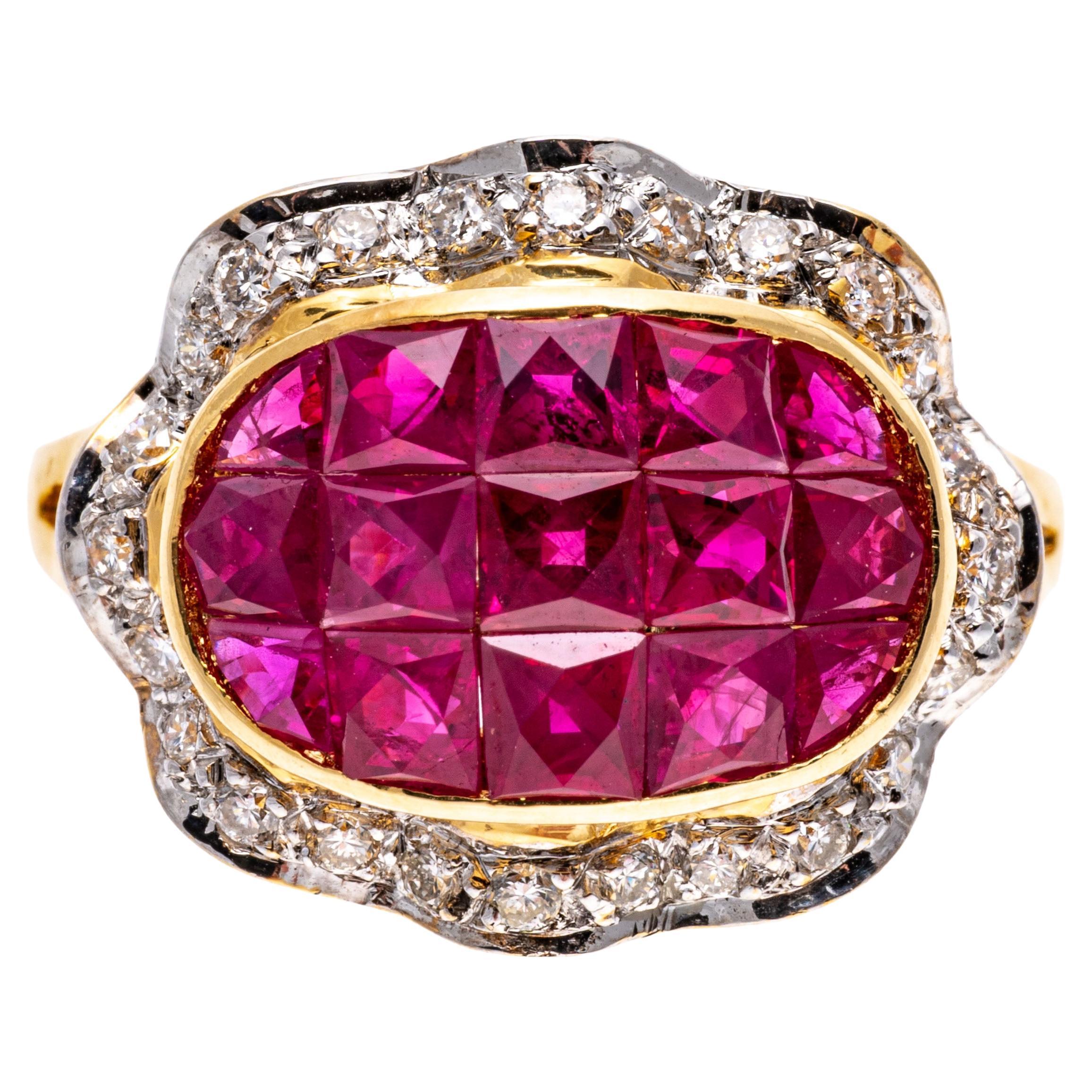 18k Yellow Gold Calibre Cut Ruby Ring With Ruffled Diamond Border, Size 7 For Sale
