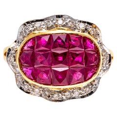 Vintage 18k Yellow Gold Calibre Cut Ruby Ring With Ruffled Diamond Border, Size 7