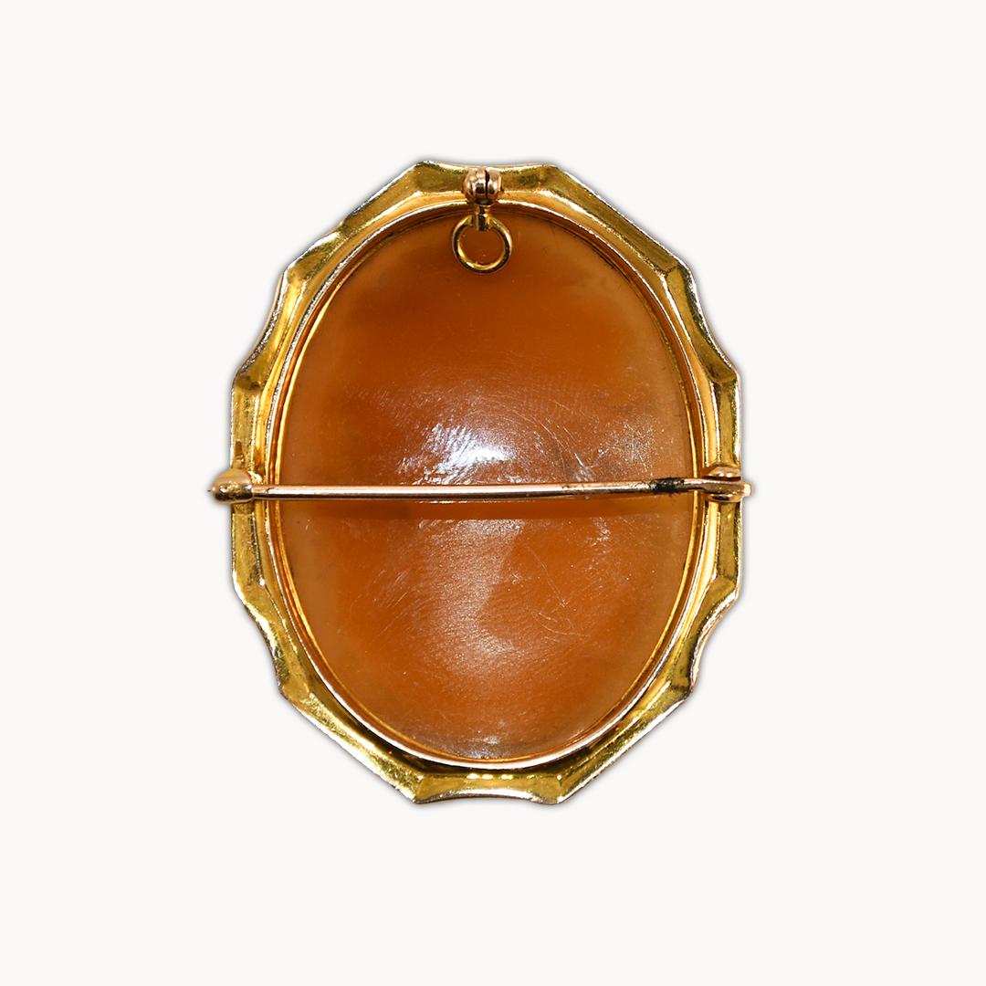 18k Yellow Gold Cameo Brooch/Pendant.
Circa 1890.
Woman's Bust Facing Right.
8.6 Grams overall.
1 3/8