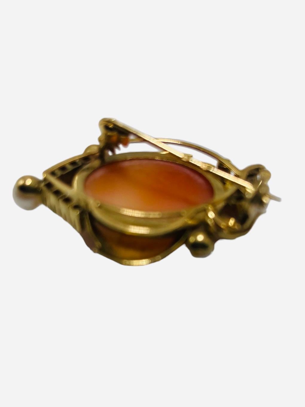 Il s'agit d'une broche/pendentif Camée en or 18 carats. Il s'agit d'un camée en coquillage orange de forme ovale avec un buste de femme en relief. La femme a les cheveux ondulés et porte des boucles d'oreilles. Son cou est orné d'un collier. Le