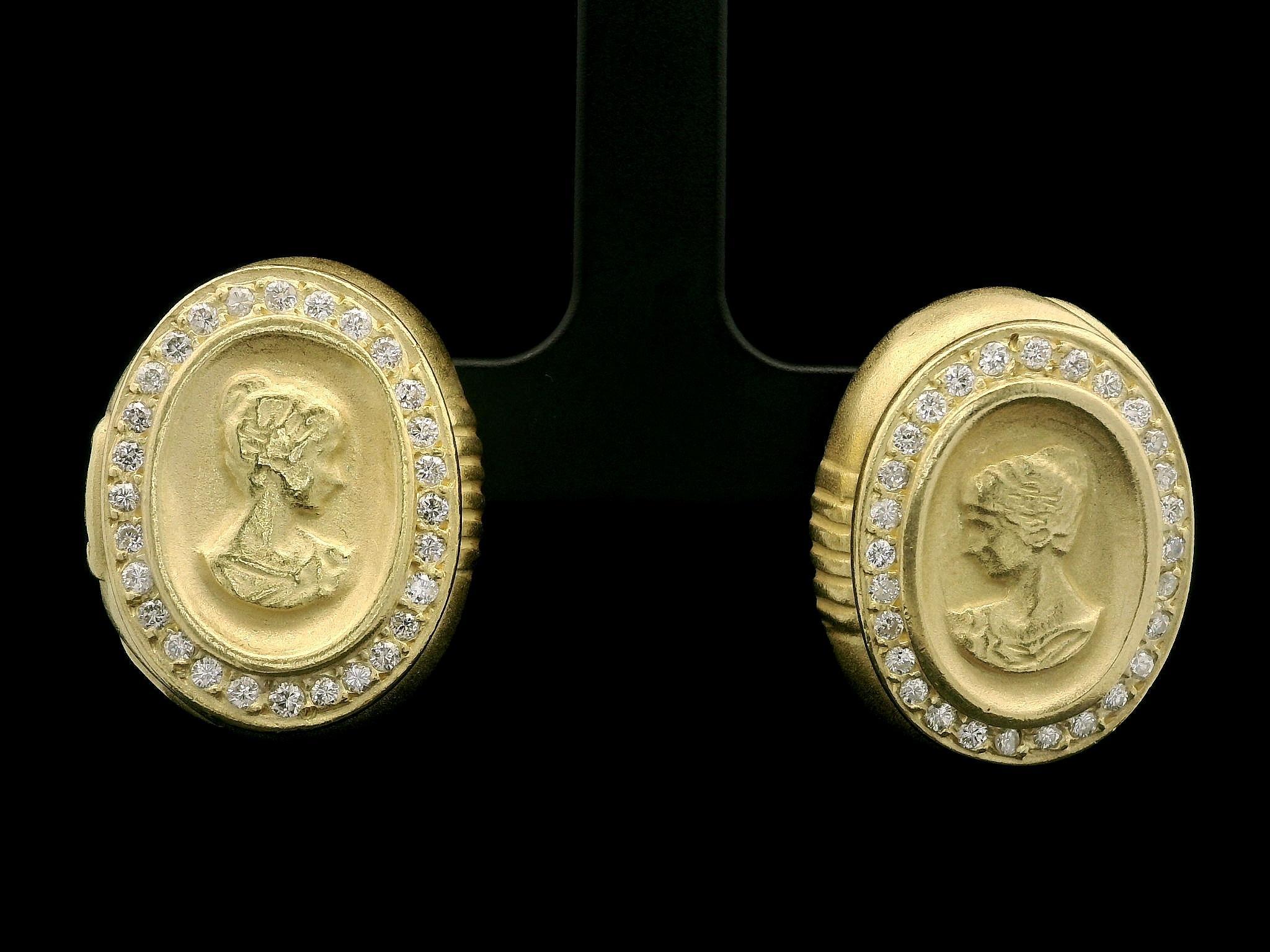 De las mujeres Pendientes de Oro Amarillo de 18k Camafeo Retrato Dama c/ 0.84ctw Diamante Halo Mate Grande en venta