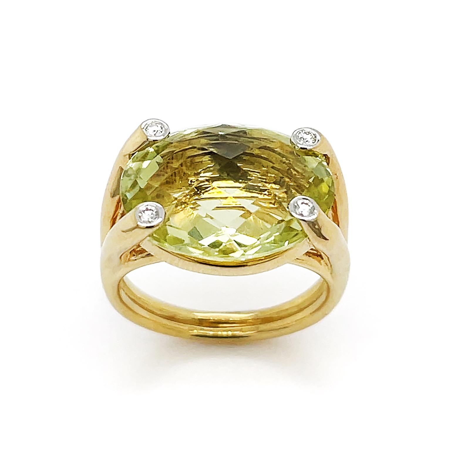 Candy-like green amethyst is the main showpiece. An oval and checkerboard cut gemstone showcases a scintillating range of yellow-green hues from within. 18k yellow gold prongs graced with a single brilliant cut diamond on their tips give further