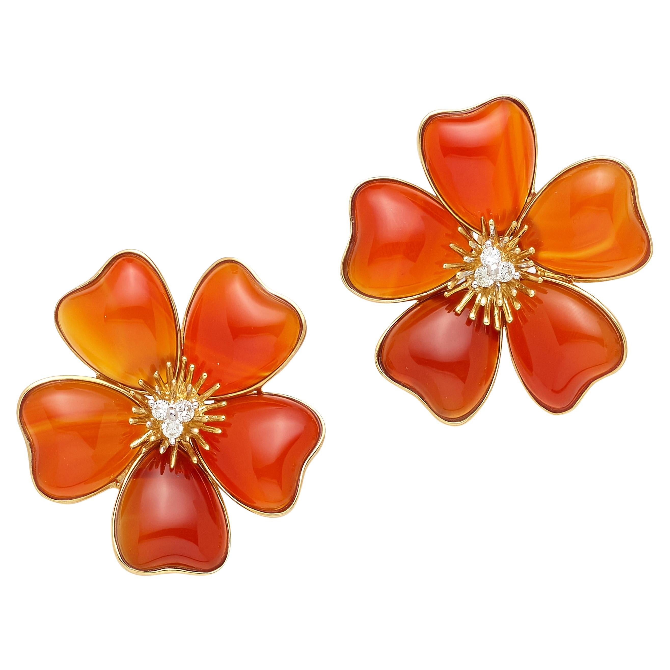 18k Yellow Gold Carnelian Flower Ear Clips w/ Diamond Accents