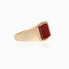 18k Yellow Gold Carnelian Quartz Signet Ring – 2.27 ct with Diamonds – 0.15 ct