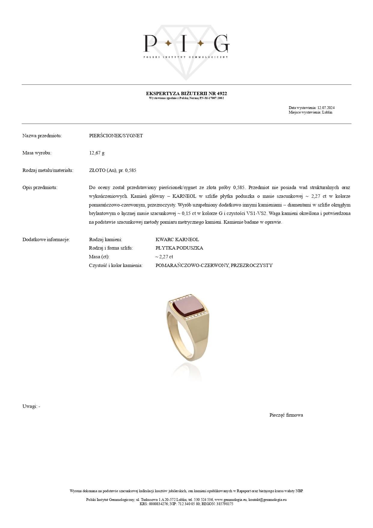 Bague chevalière en or jaune 18k avec quartz cornaline - 2,27 ct et diamants - 0,15 ct Neuf - En vente à Warszawa, PL