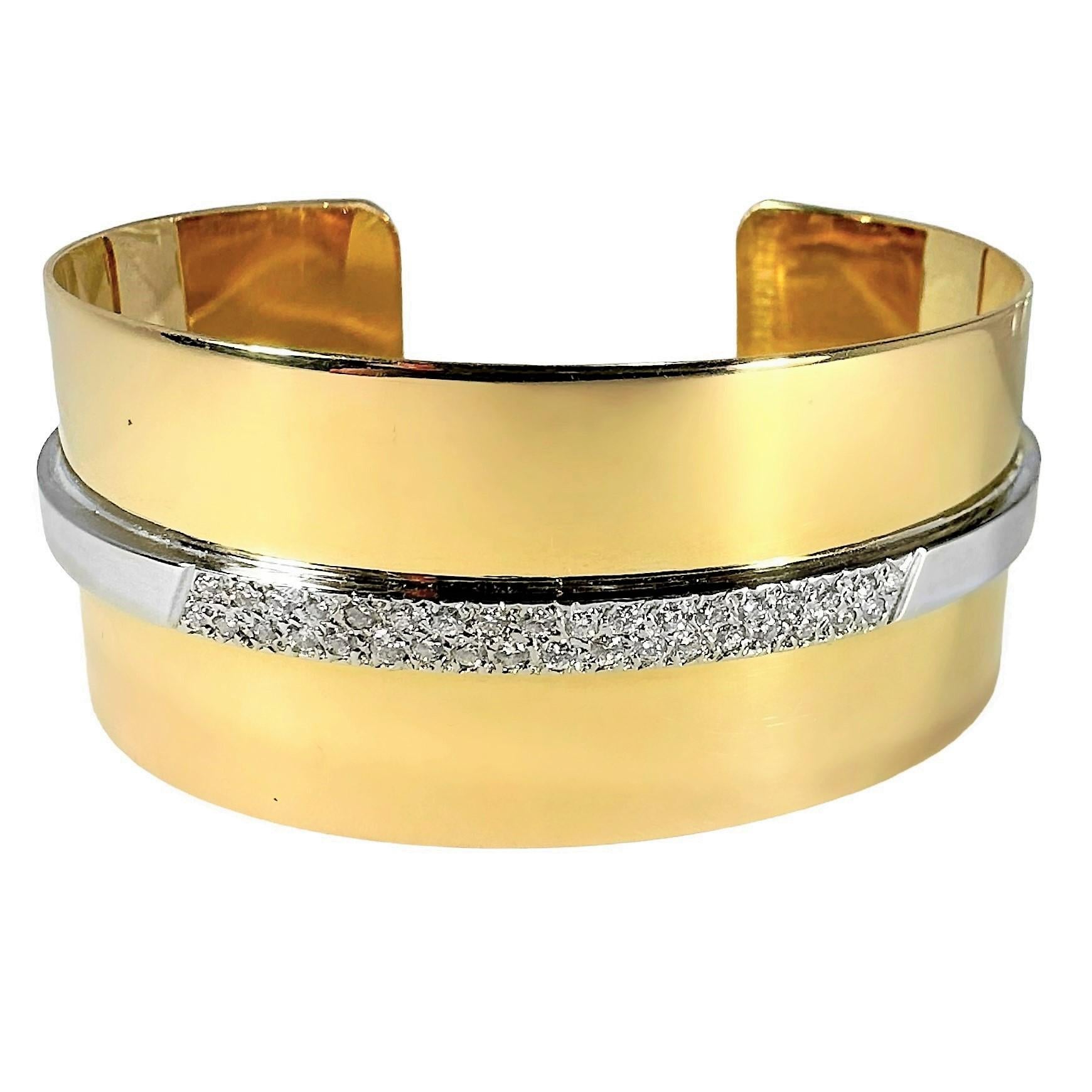 Brilliant Cut 18K Yellow Gold Cartier Modernist Cuff with White Gold Diamond StrIp