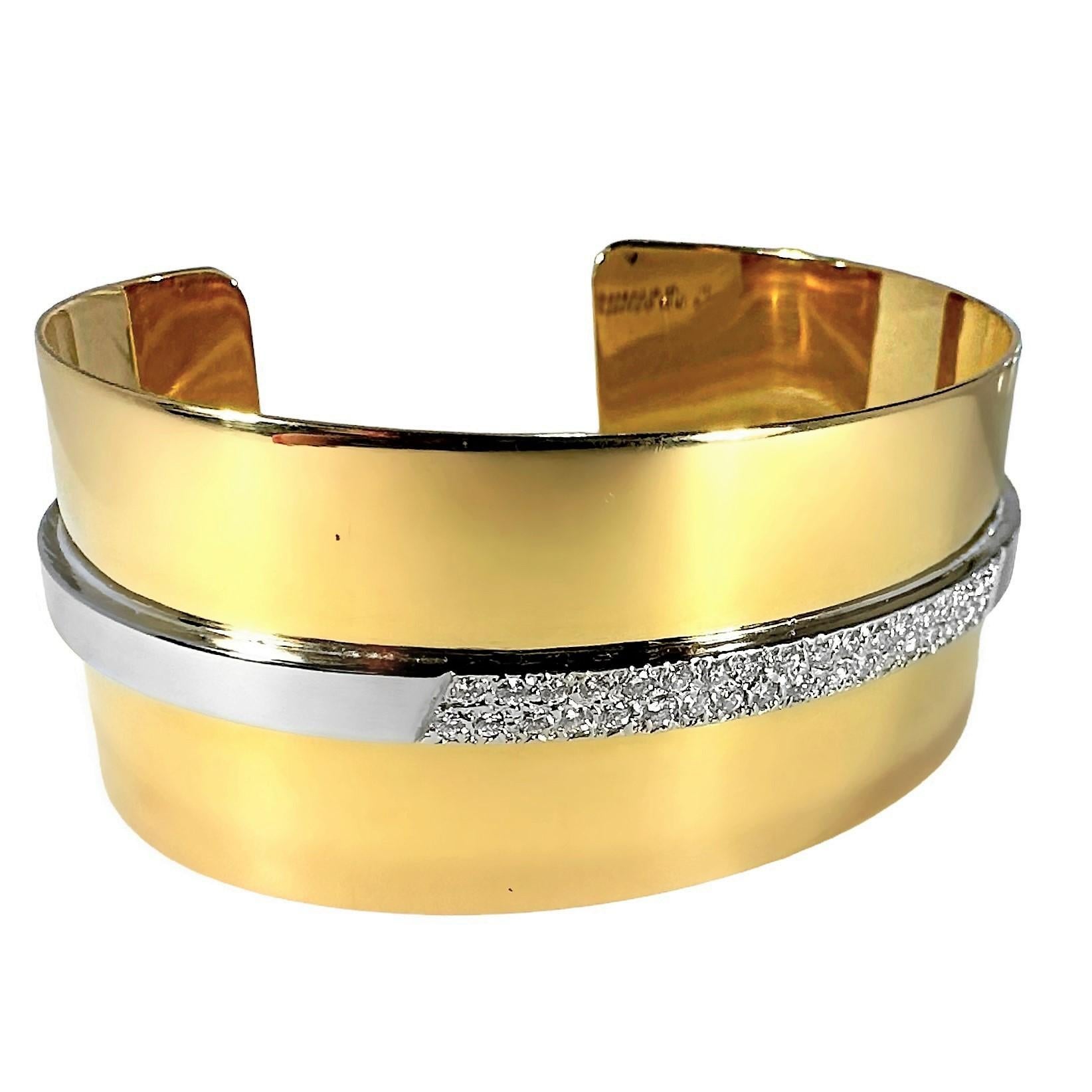 18K Yellow Gold Cartier Modernist Cuff with White Gold Diamond StrIp In Good Condition In Palm Beach, FL