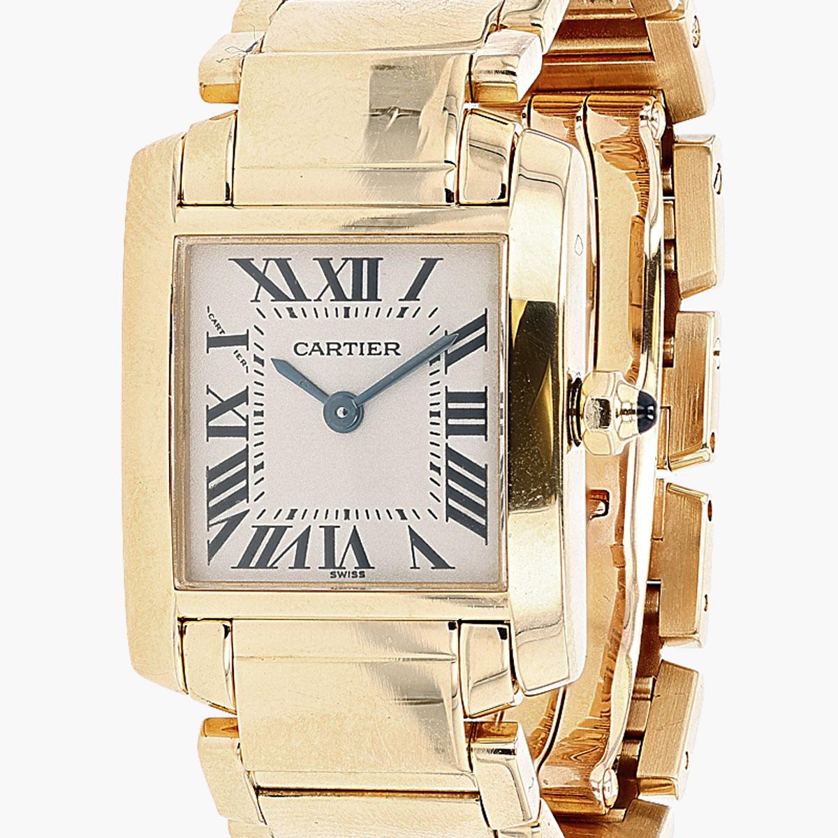 Cartier 18k Yellow Gold Tank Francaise Quartz watch,  size-small (20x25mm) featuring  Ivory dial with Roman Numerals. Model number 2385, quartz movement.   High polished link bracelet with double fold over clasp. Mint condition, recently serviced. 