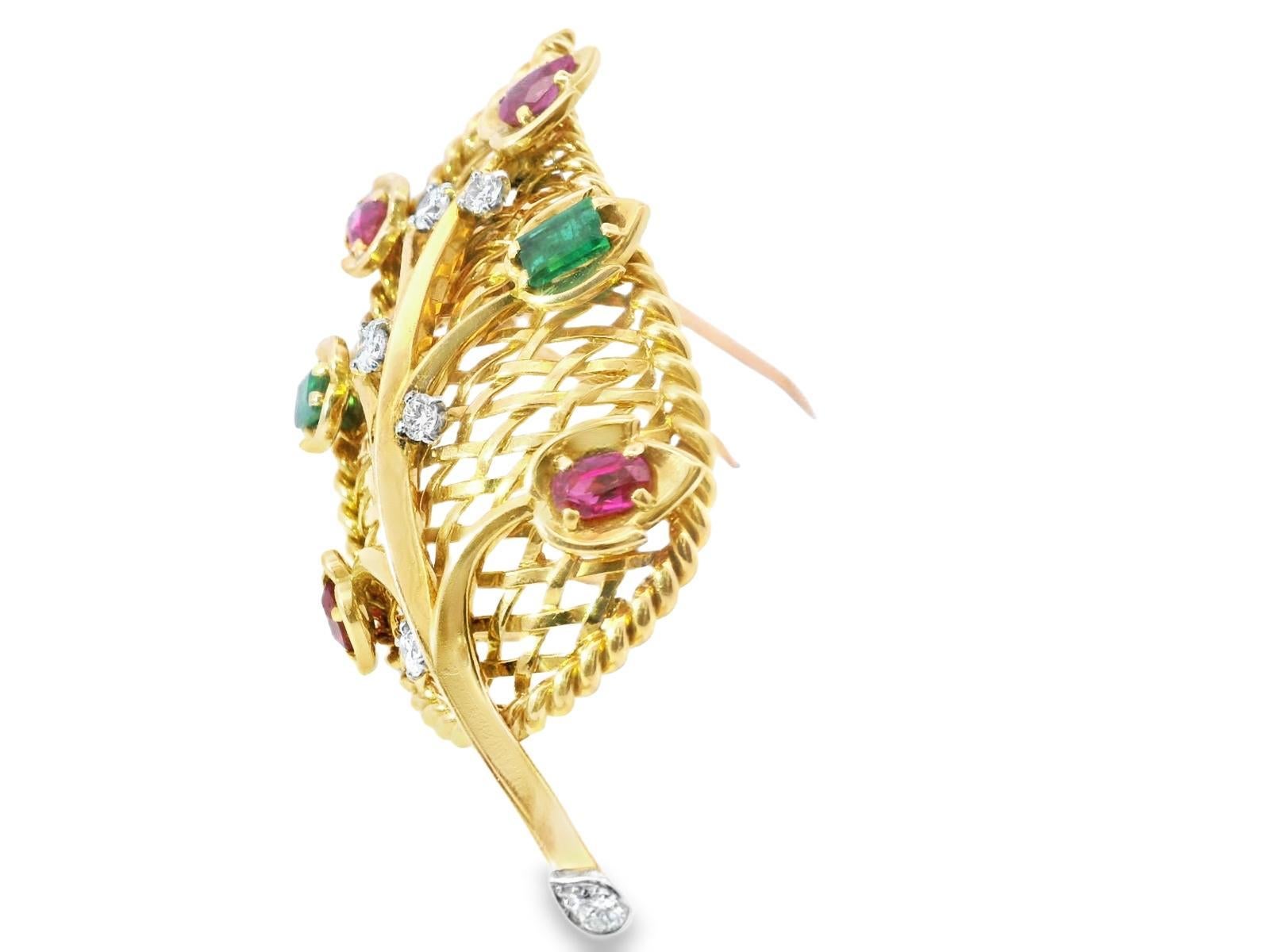 Art Deco 18k Yellow Gold  Cartier Vintage Emerald Ruby & Diamond  Leaf Pin For Sale