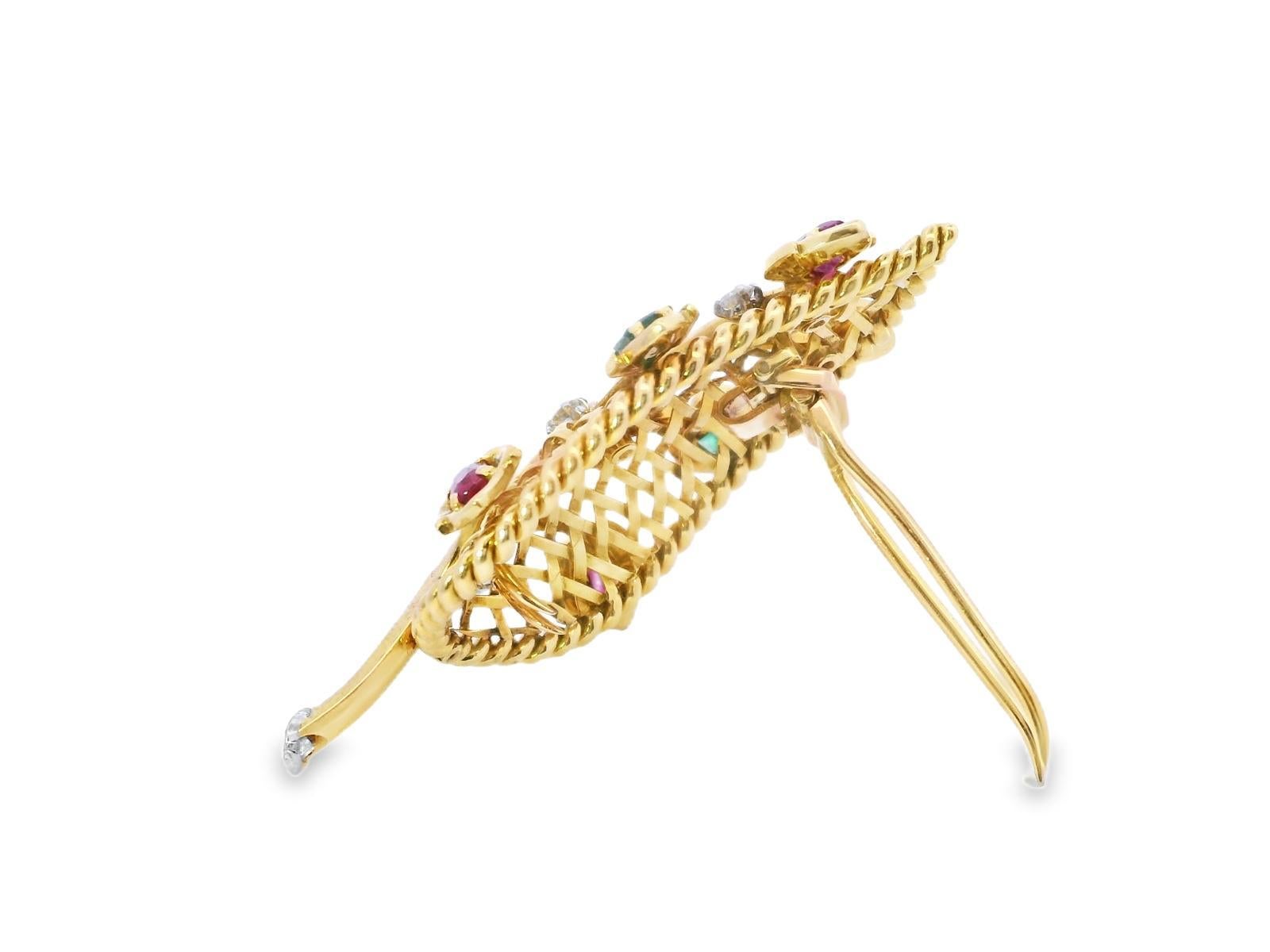 Oval Cut 18k Yellow Gold  Cartier Vintage Emerald Ruby & Diamond  Leaf Pin For Sale