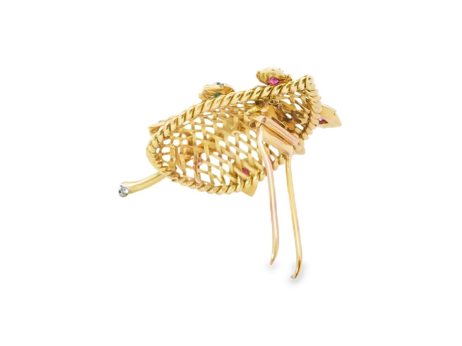 18k Yellow Gold  Cartier Vintage Emerald Ruby & Diamond  Leaf Pin In Good Condition For Sale In New York, NY