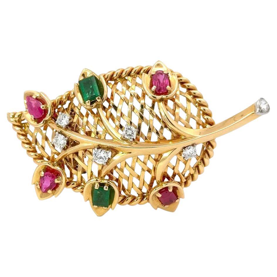 18k Yellow Gold  Cartier Vintage Emerald Ruby & Diamond  Leaf Pin For Sale