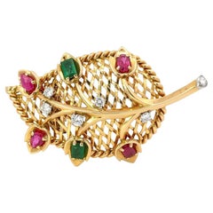 18k Yellow Gold  Cartier Vintage Emerald Ruby & Diamond  Leaf Pin