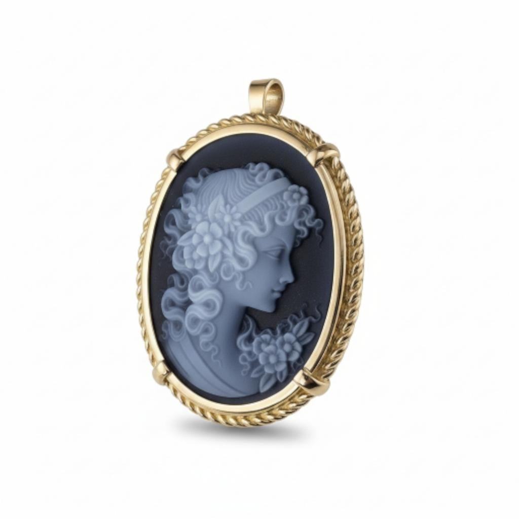 Vittoriano Spilla/pendente in oro giallo 18K con cammeo intagliato in agata #24069 in vendita