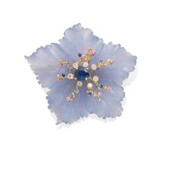 18k Yellow Gold & Carved Blue Chalcedony Brooch with Sapphire & Diamond