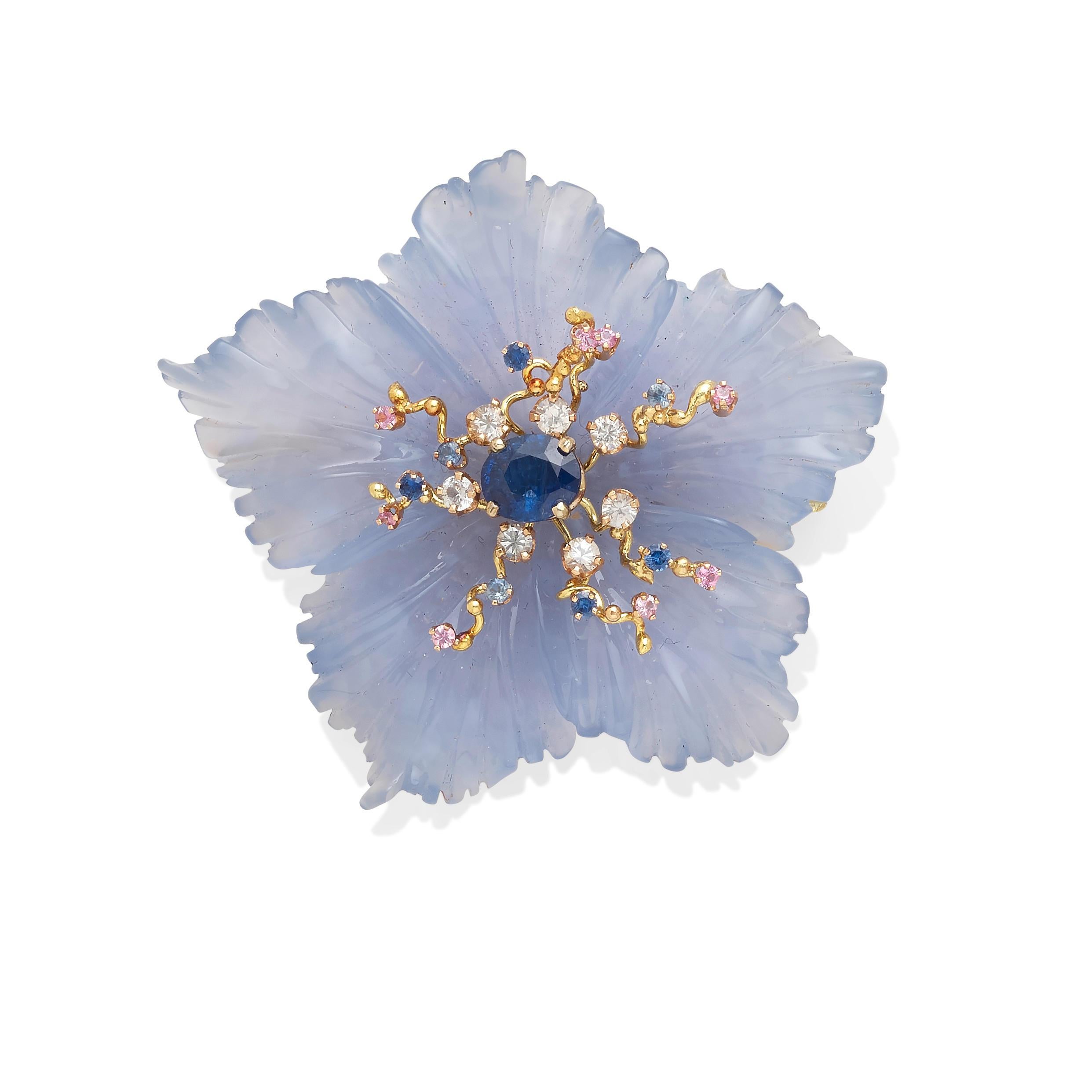 Women's or Men's 18k Yellow Gold & Carved Blue Chalcedony Brooch with Sapphire & Diamond For Sale