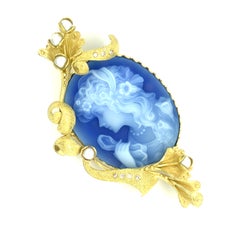 18k Yellow Gold Carved Chalcedony Cameo w/ Diamond and Cultured Pearl Accents