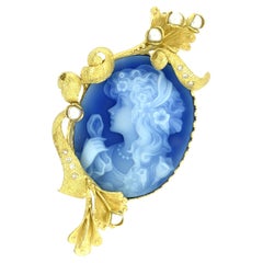 18k Yellow Gold Carved Chalcedony Cameo w/ Diamond and Cultured Pearl Accents