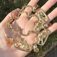 18k Yellow Gold Carved Citrine & Diamond Dual Finish Panther Station Necklace