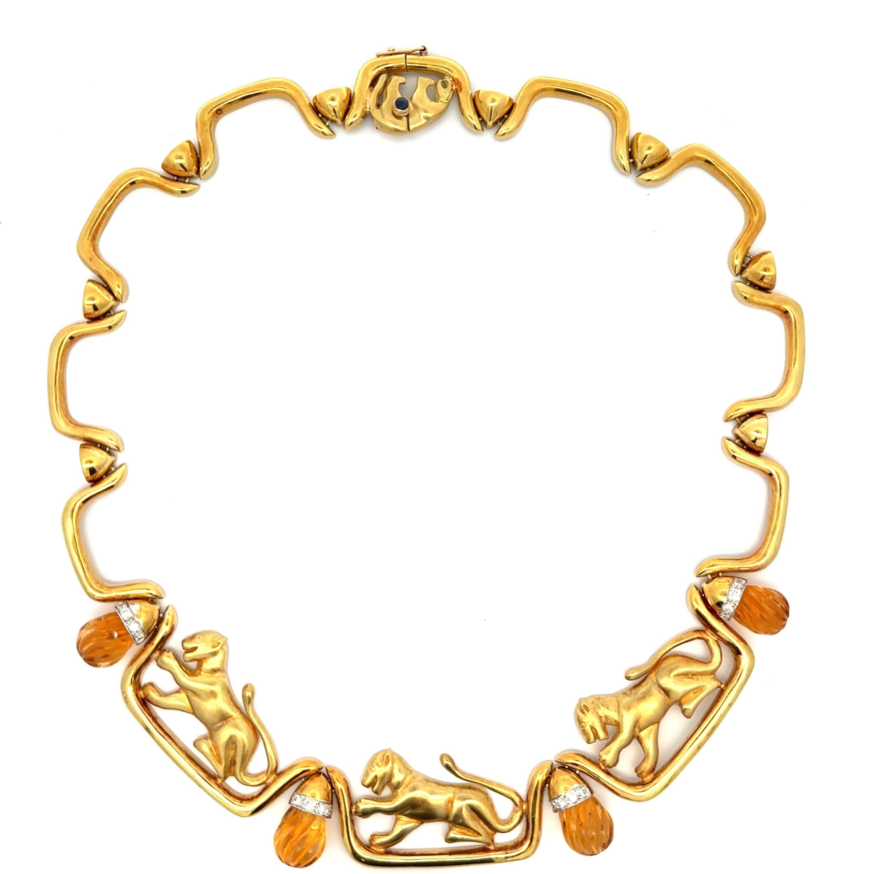 18k Yellow Gold Carved Citrine
Diamond Dual Finish Panther Station Necklace