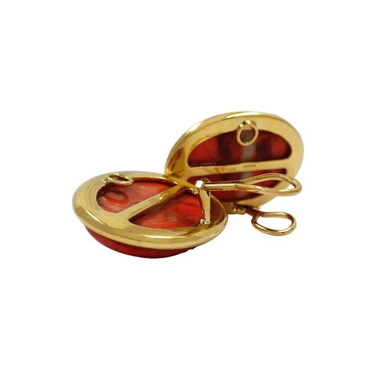 Modernist 18 Karat Yellow Gold Carved Coral and Diamond Clip-On Earrings For Sale