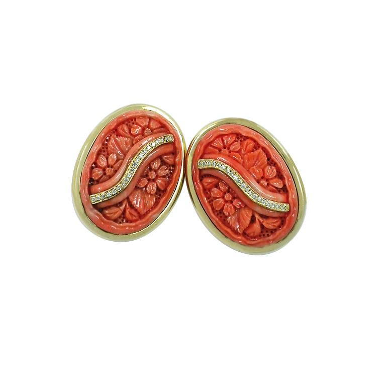 Round Cut 18 Karat Yellow Gold Carved Coral and Diamond Clip-On Earrings For Sale