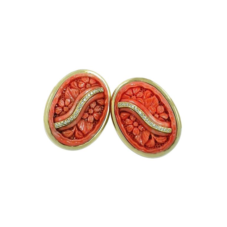 18 Karat Yellow Gold Carved Coral and Diamond Clip-On Earrings For Sale