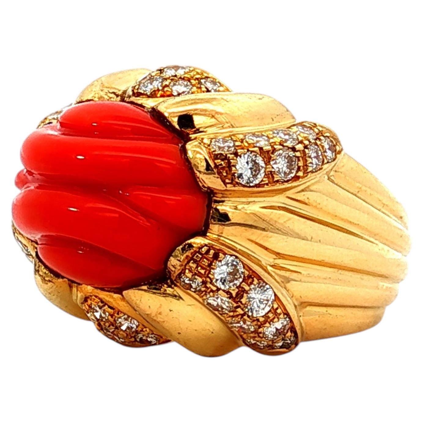 18k Yellow Gold Carved Coral & Diamond Cocktail Ring